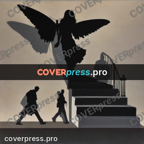 Surreal illustration: winged shadow by the stairs