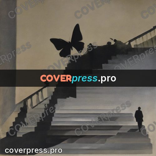 Surreal illustration: winged shadow by the stairs