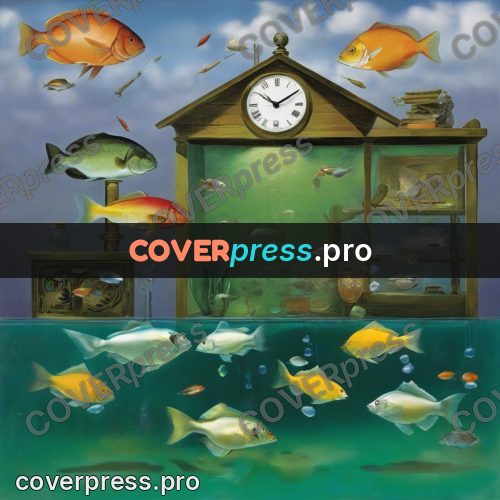 Surreal illustration: aquarium with fish and a clock