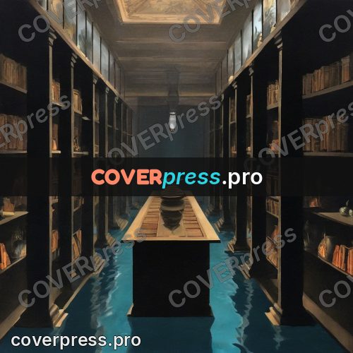 Surreal illustration: flooded library with water