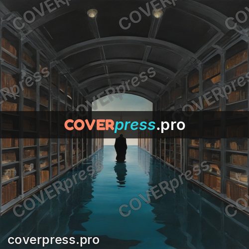 Surreal illustration: flooded library with water