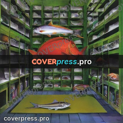 Surreal illustration: green shelves with fish