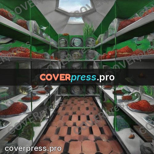 Surreal illustration: green shelves with fish