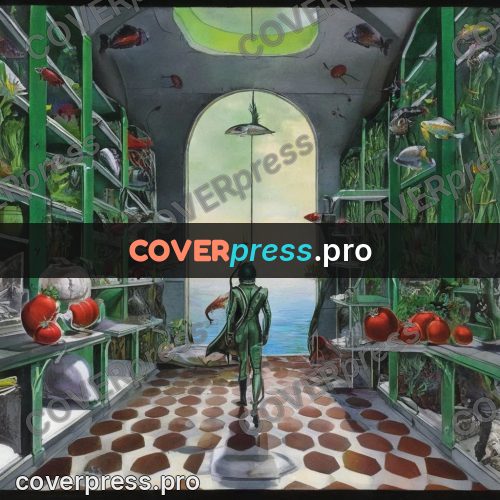 Surreal illustration: green shelves with fish