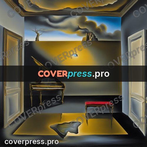 Surreal illustration: piano in a room with door