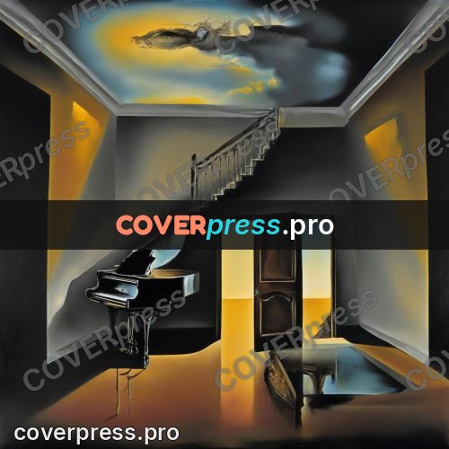 Surreal illustration: piano in a room with door