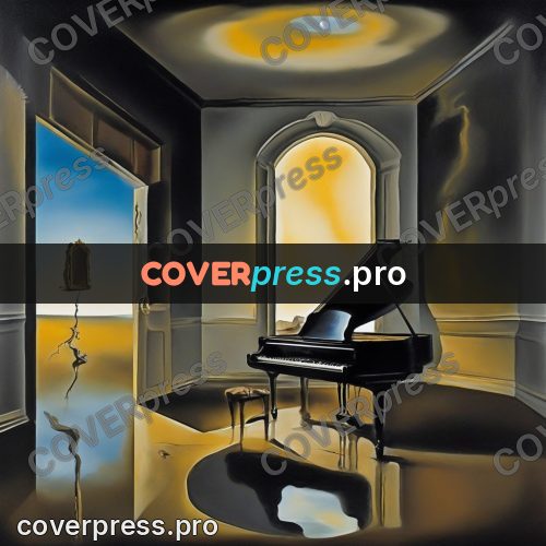 Surreal illustration: piano in a room with door