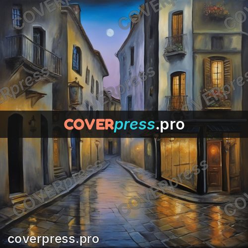 Surreal illustration: old town street in the evening