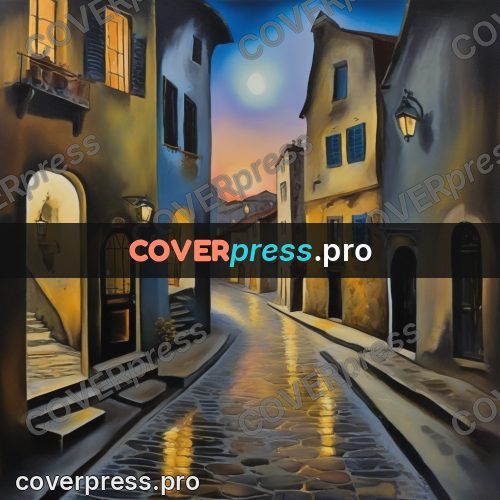 Surreal illustration: old town street in the evening
