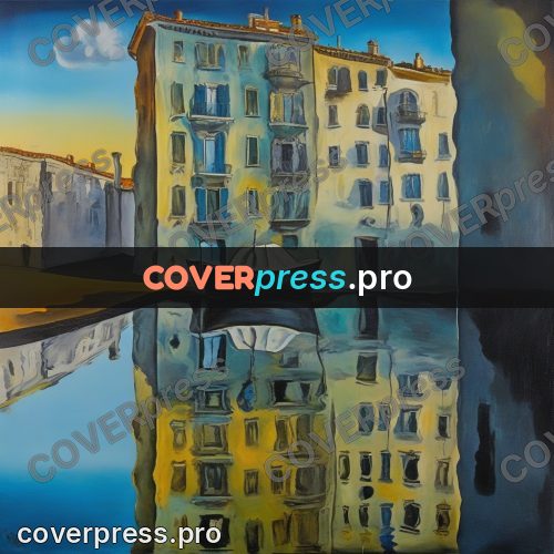 Surreal illustration: town reflected in the water
