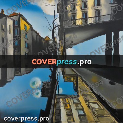 Surreal illustration: town reflected in the water