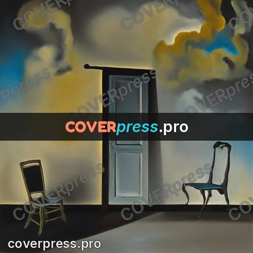 Surreal illustration: room with a door and chairs