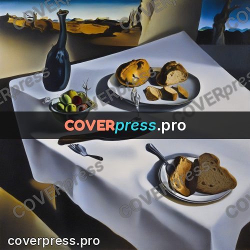 Surreal illustration: table with bread and wine