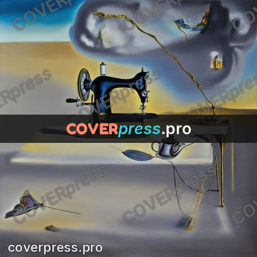 Surreal illustration: sewing machine with flying cloth