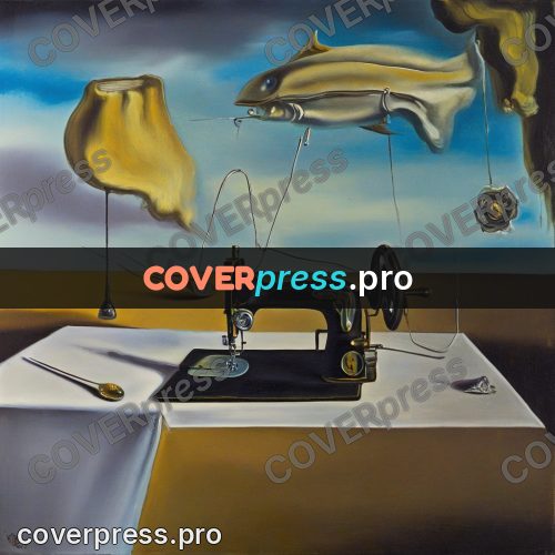 Surreal illustration: sewing machine with flying cloth
