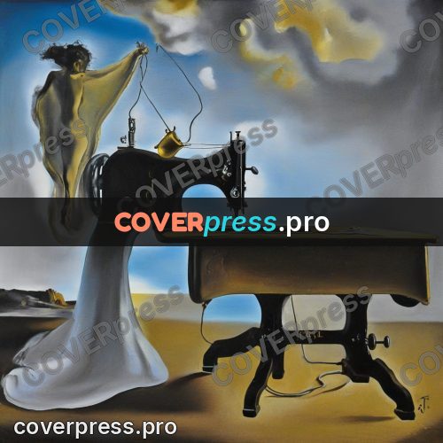 Surreal illustration: sewing machine with flying cloth