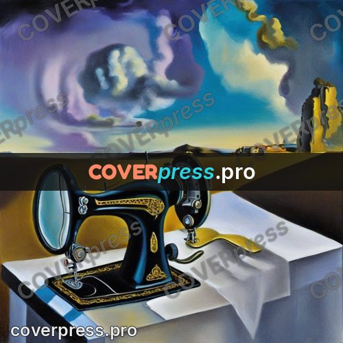 Surreal illustration: sewing machine among clouds