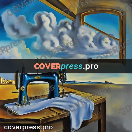 Surreal illustration: sewing machine among clouds
