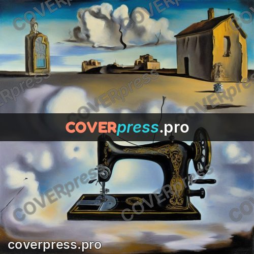 Surreal illustration: sewing machine among clouds