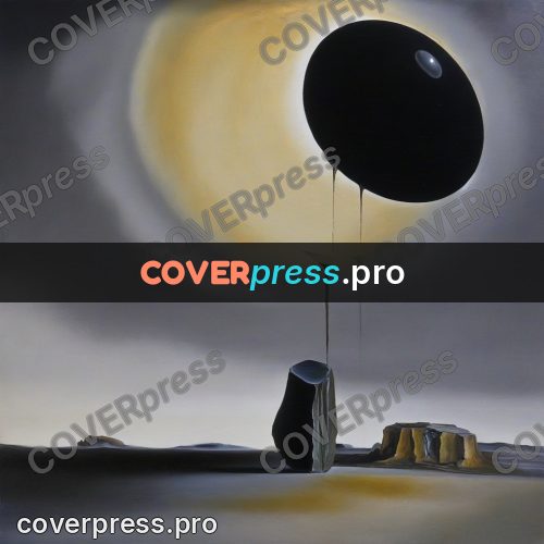 Surreal illustration: dark disc above a plain