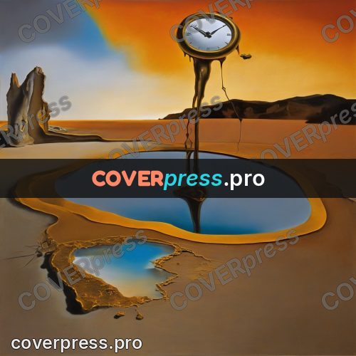 Surreal illustration: melting clock above a pool
