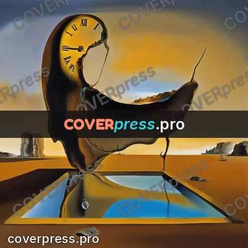 Surreal illustration: melting clock above a pool