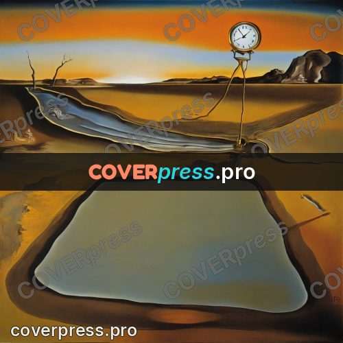 Surreal illustration: melting clock above a pool