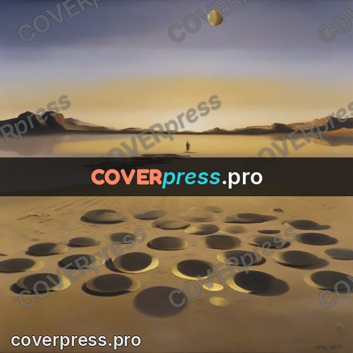 Surreal illustration: golden discs on the sand
