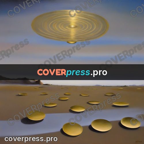 Surreal illustration: golden discs on the sand