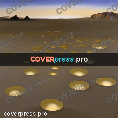 Surreal illustration: golden discs on the sand