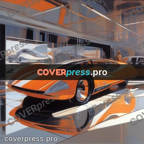 Syd Mead style painting: orange car in a showroom