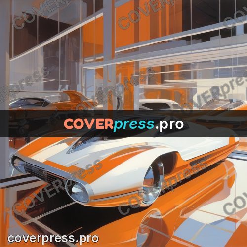 Syd Mead style painting: orange car in a showroom