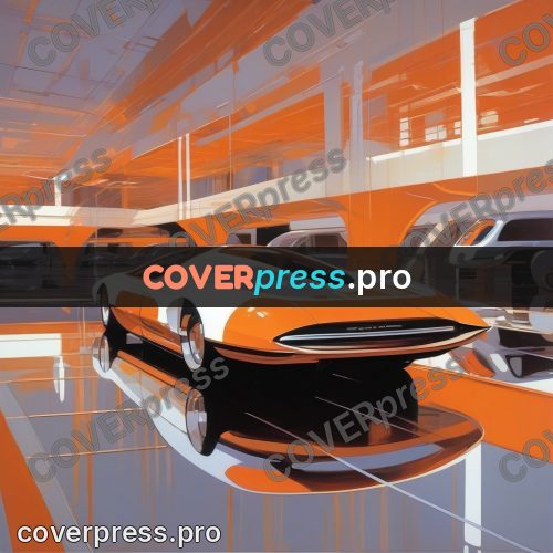 Syd Mead style painting: orange car in a showroom