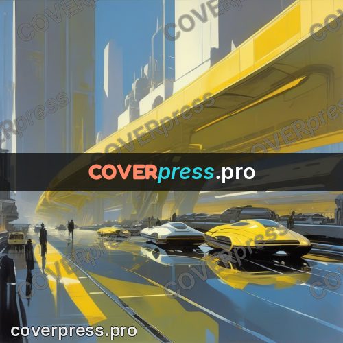 Syd Mead style painting: yellow overpass above a street