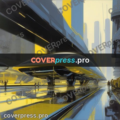 Syd Mead style painting: yellow overpass above a street