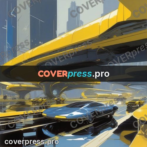 Syd Mead style painting: yellow overpass above a street
