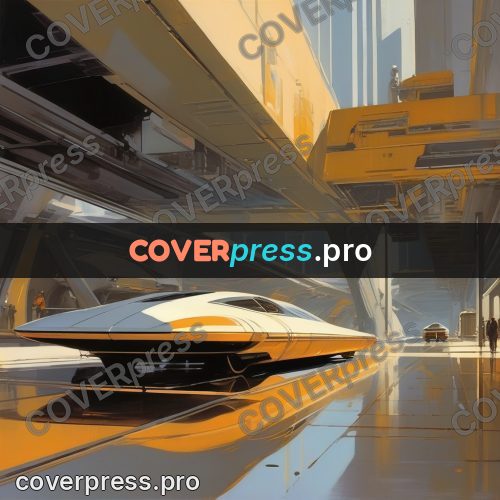Syd Mead style painting: streamlined transport in a hall
