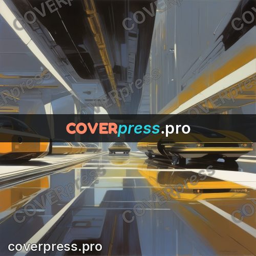 Syd Mead style painting: streamlined transport in a hall