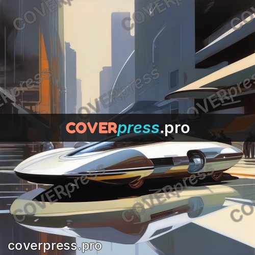 Syd Mead style painting: streamlined car with a reflection