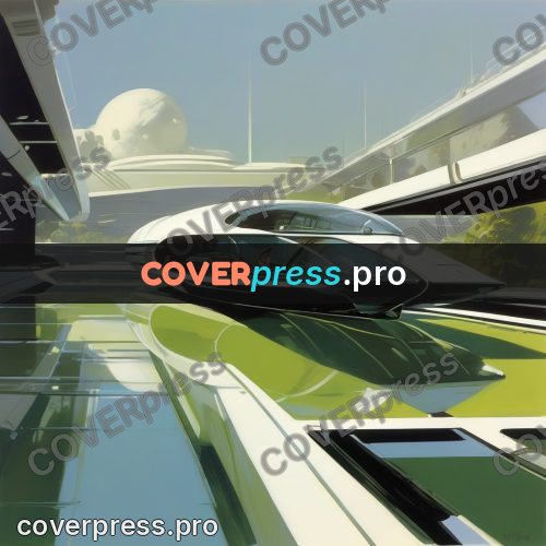 Syd Mead style painting: green craft by a building
