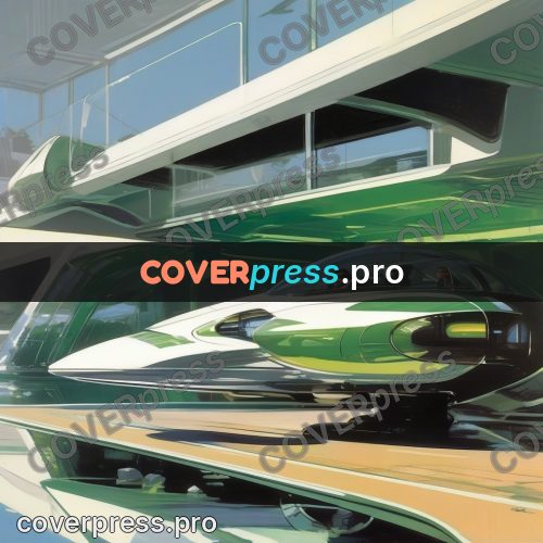Syd Mead style painting: green craft by a building