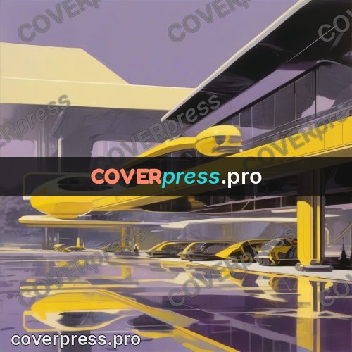 Syd Mead style painting: yellow cars under an overpass