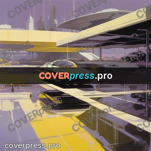 Syd Mead style painting: yellow cars under an overpass