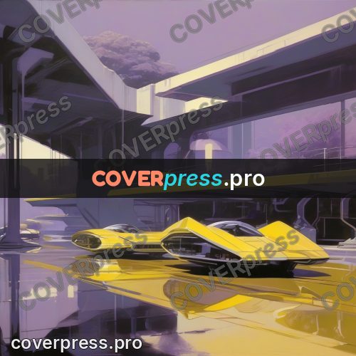 Syd Mead style painting: yellow cars under an overpass