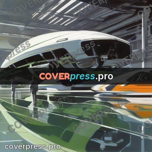 Syd Mead style painting: green transport in a hangar