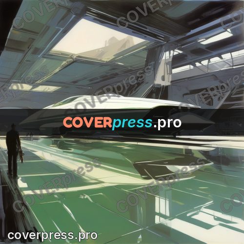 Syd Mead style painting: green transport in a hangar