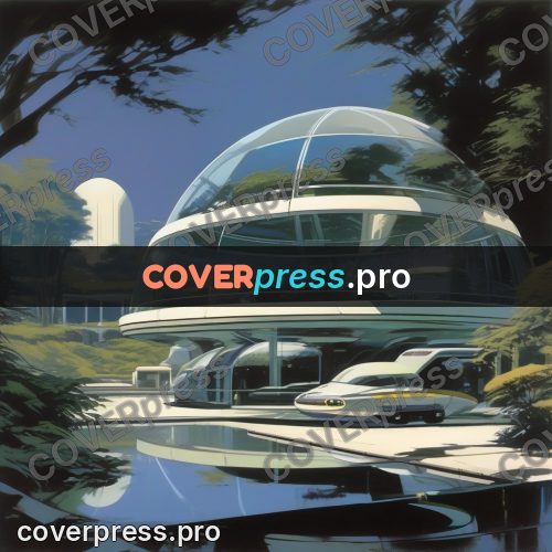 Syd Mead style painting: glass dome among greenery