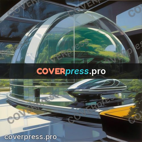 Syd Mead style painting: glass dome among greenery