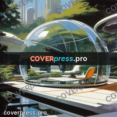 Syd Mead style painting: glass dome among greenery