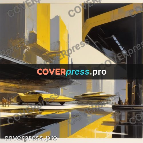Syd Mead style painting: yellow city with vehicles
